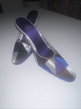 Fendi | Auth Vintage Zucca Retro Geo Closed Toe Silk Leather Mule Heel Size 36.5